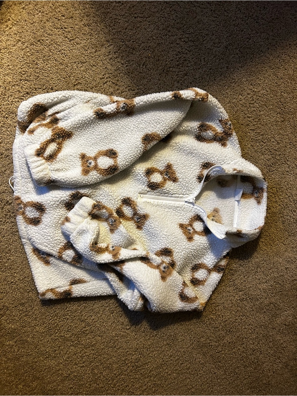 No Boundaries Teddy Print Sherpa Half-Zip Pullover - Cream/Brown
